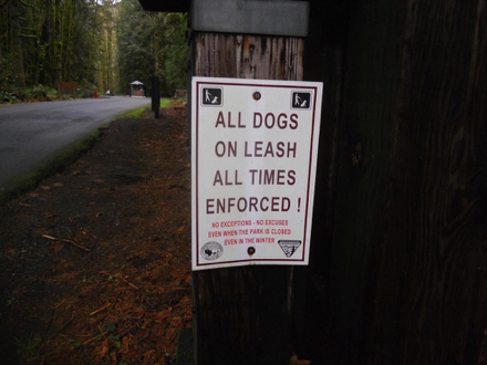 Sign “All dogs on leashes at all times, enforced, no excuses, no exceptions, even when the park is closed, even in the winter”